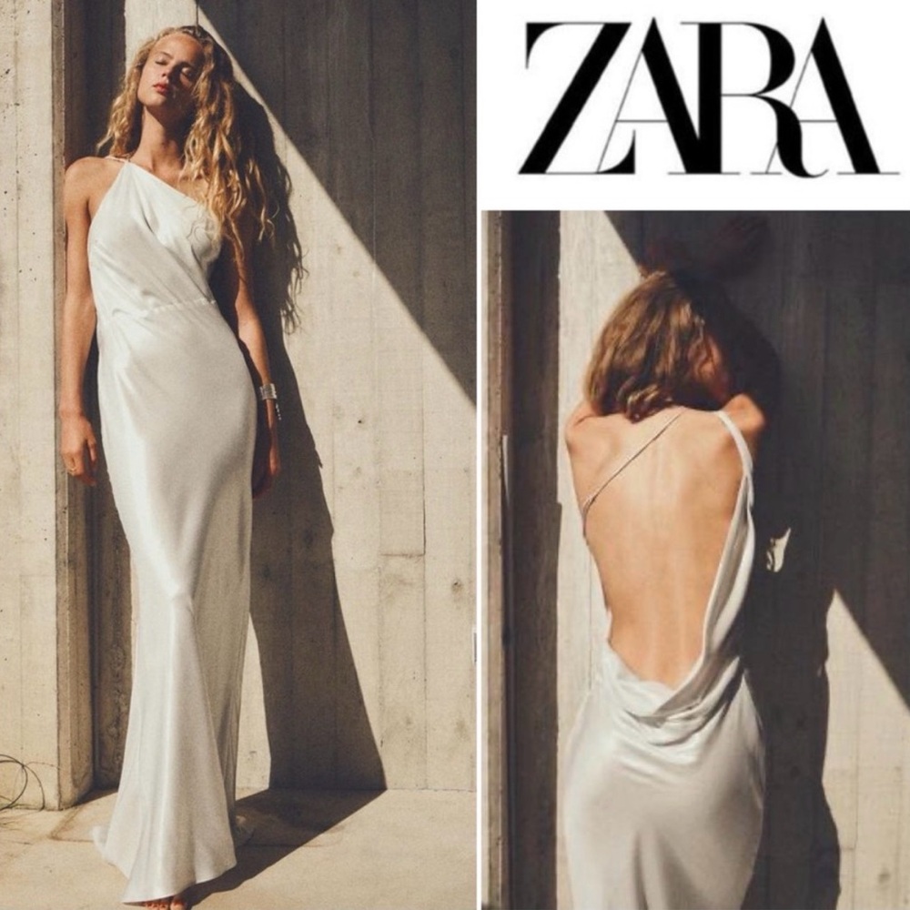 Zara One Shoulder Foil Maxi Dress In Ivory Metallic Shimmer